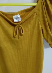 Mustard Yellow Puff Sleeve Tie-Front Top