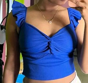 Blue Ruffle Sleeve Twist-Front Top