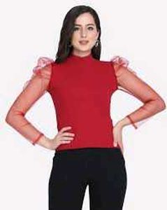 Chic Red Top with Sheer Sleeves