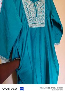 Teal Kurti with Embellished Neckline