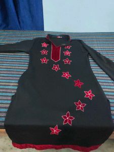 Elegant Black Kurta with Red Floral Embroidery
