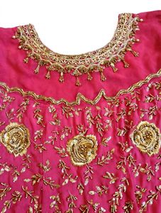 rani pink tiered sequin gown with gold rose embroi