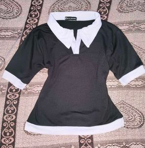 Ribbed Classic Black & White Collared Top