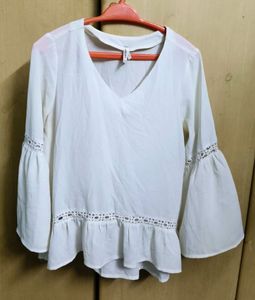 White Bell Sleeve Tunic with Lace Detail