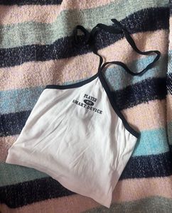 White Graphic Halter Neck Crop Top