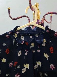 Navy Floral Print Ruffle Neck Top