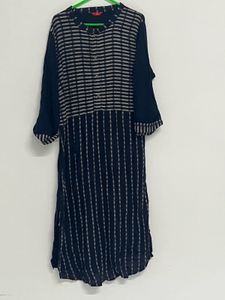 Navy Blue Striped Cotton Kurta