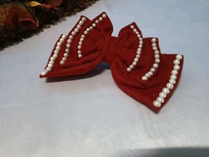Red Velvet Bow Hair Clip with Pearls