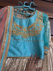 Teal &amp; Gold Lehenga Set