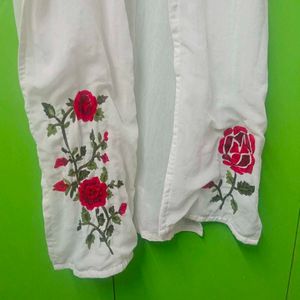 White Embroidered Floral sleeveless gown with shru