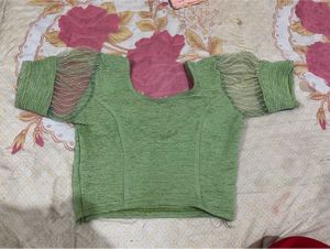 Elegant Green Textured Blouse with Sheer Sleeves