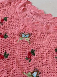 Pink Embroidered Knit Crop Top