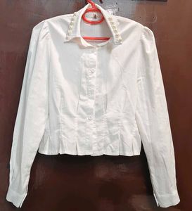 Elegant Pearl Embellished White Blouse