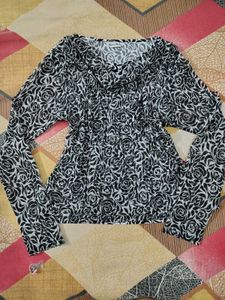 Chic Black & White Rose Print Cowl neck y2k Top