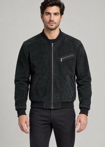 Black  suede leather full-zip bomber jacket