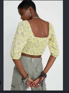 Yellow Floral Cropped Button-Up Top