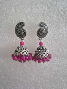 Boho Jhumka Earrings with Pink Beads