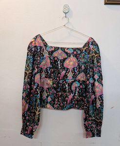 Boho Print Square Neck Long Sleeve Top