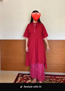 Red Kurta with Striped Palazzo Pants