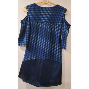 Blue Checkered Cold Shoulder Top
