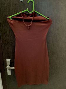 Brown Front Cut Out Halter Neck Dress