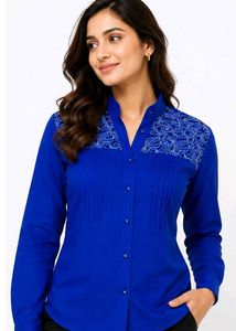 Royal Blue Lace Trim Button-Up Shirt