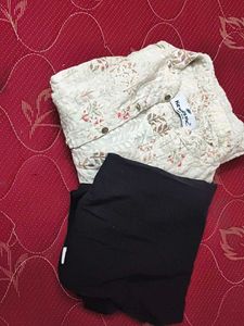 Cream Floral Kurta with Black Pants