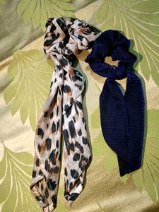 Leopard Print Scrunchies with Navy Bows Set