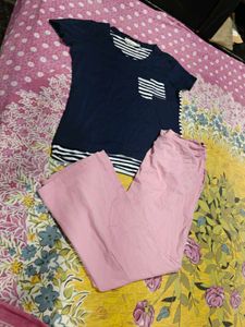 Navy Blue T-Shirt & Pink Pants Set