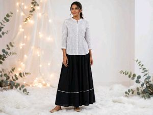 Elegant Striped Top & Black Skirt Set