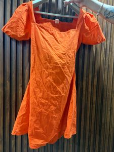 Orange Puff Sleeve Square Neck Dress✨