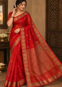 Vibrant Red Silk Saree  without blouse