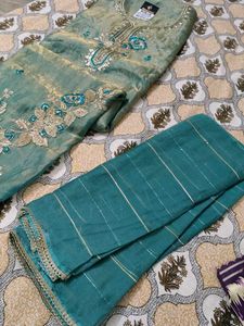 Stunning Teal Embroidered fendy silk  Kurta Set