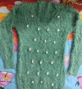 Green Fuzzy Sweater with Dots