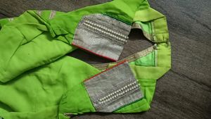 light green saree with white worked patch and golden lace with stitched blouse💚