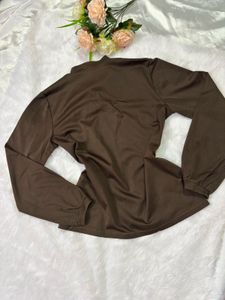 Chic Brown Long Sleeve Tie Neck Top