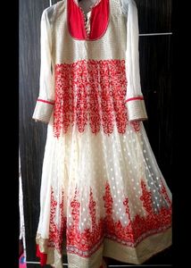 Red & Cream Embroidered Anarkali Gown For Weddings