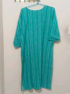 Teal &amp; White Striped Cotton Kurta