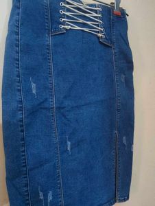 Denim Pencil Skirt with Lace-Up Detail