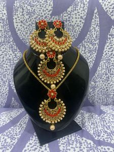 Gold-Tone Necklace and Earring Set with Mangtika