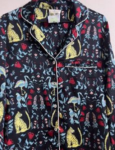 Whimsical Cat &amp; Crane Print Pajama Top