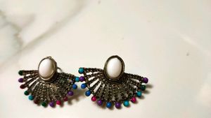 Oxidised Silver Afghani Boho Fan Stud Earrings - W