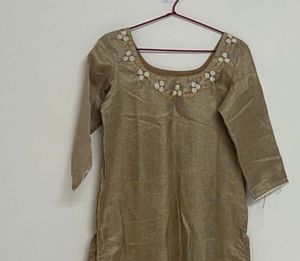 Elegant Beige Kurta with Floral Neckline