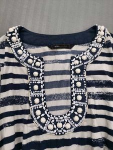 Striped Tunic Top with Embellished Neckline