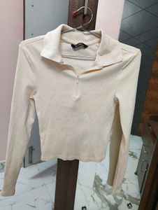 Ribbed Collared Zip-Up Long Sleeve Top