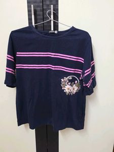 Navy Blue T-Shirt with Pink Stripes & Floral Desig