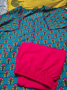 Beautiful Teal Floral Kurta with Pink Pants