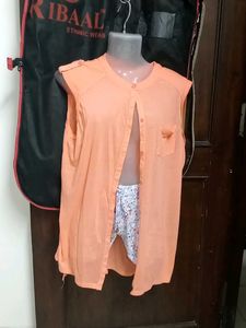 Peach Sleeveless Mandarin Collar Shirt