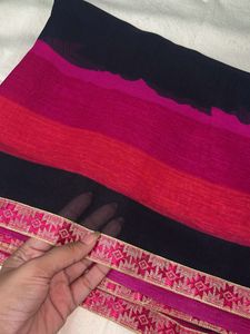 Chic Black &amp; Pink Striped Saree