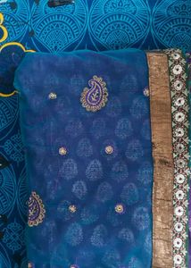 Purple+ Navy Blue  Brocade Sari With Blouse